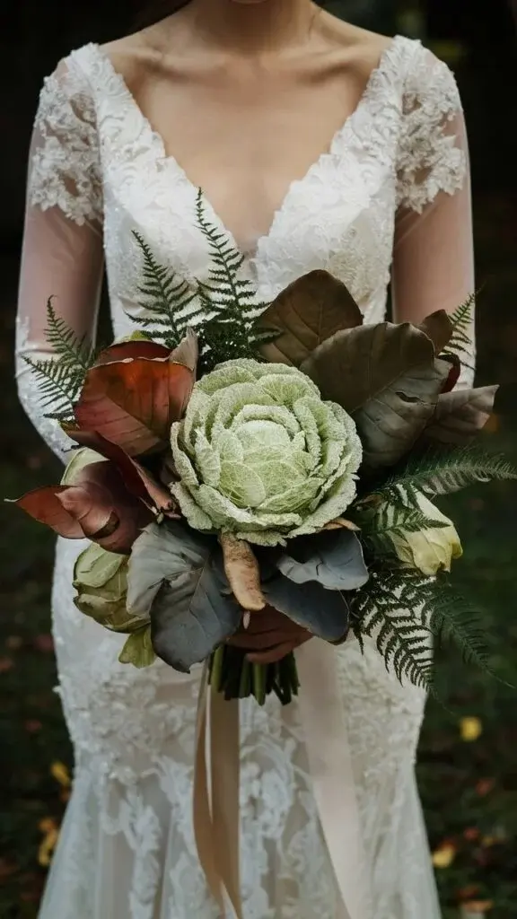 1. rustic-fall-wedding-bouquet-with-decorative-cabbage-fern-and-magnolia-leaves